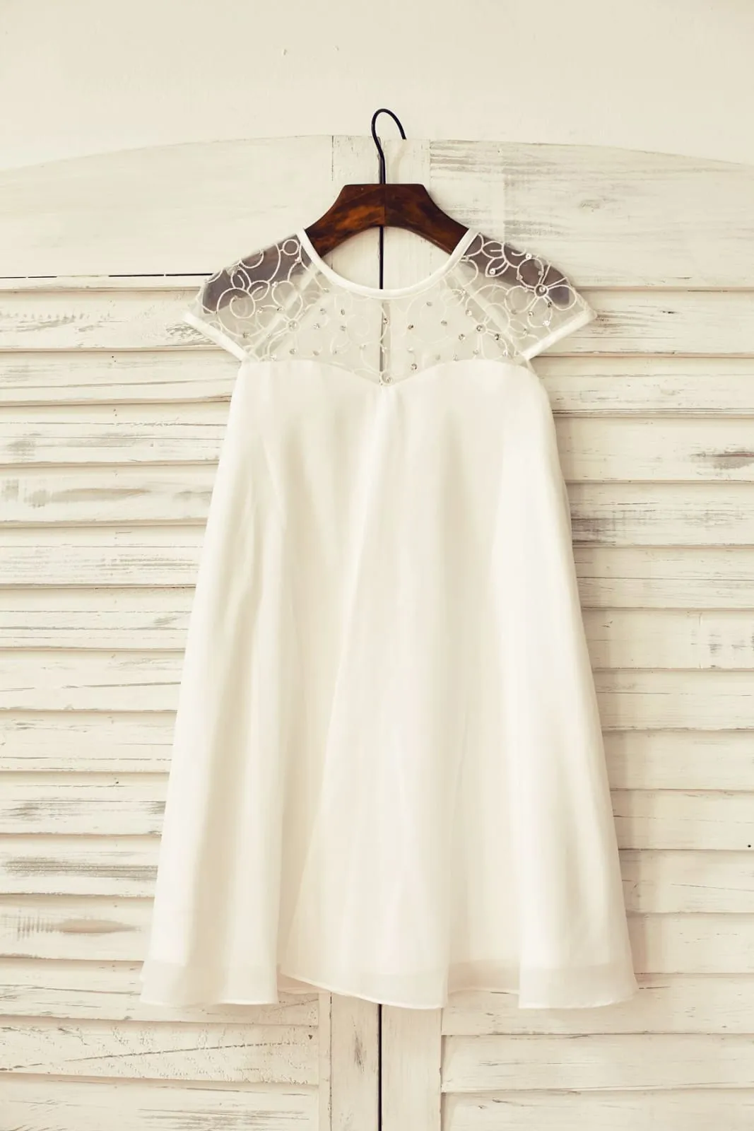 Boho Sheer Neck Ivory Chiffon Flower Girl Dress