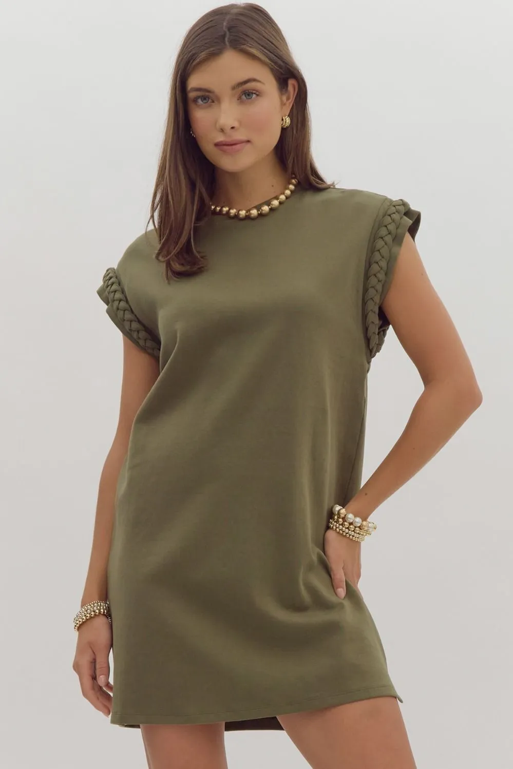 Braided Cap Sleeve Mini Dress {Olive}