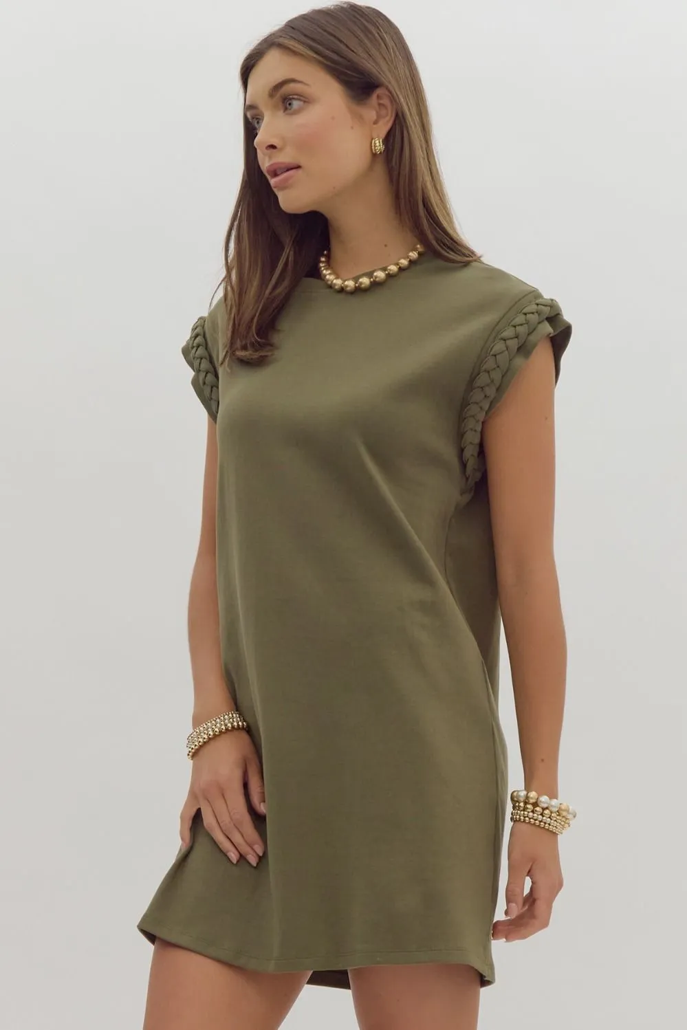 Braided Cap Sleeve Mini Dress {Olive}