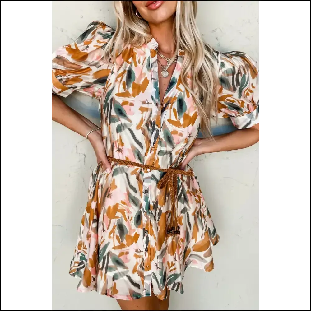 Brown Abstract Puff Sleeve Mini Dress: Confidence ! 🤩 Needful Things