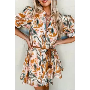 Brown Abstract Puff Sleeve Mini Dress: Confidence ! 🤩 Needful Things