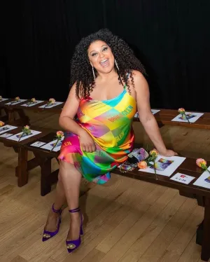 BruceGlen Multicolor Logo Silk Slip Dress (As Worn by Michelle Buteau)