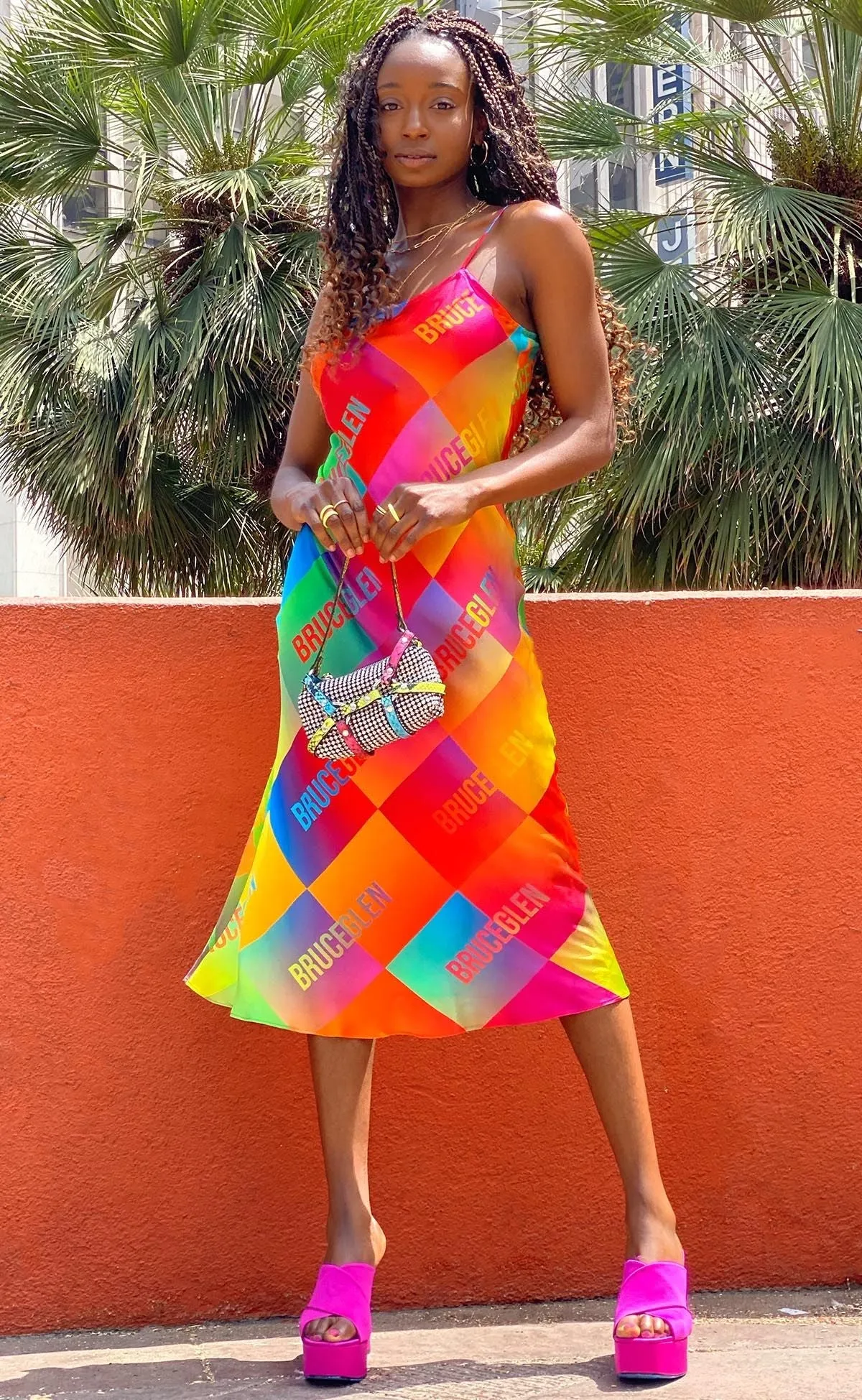 BruceGlen Multicolor Logo Silk Slip Dress (As Worn by Michelle Buteau)