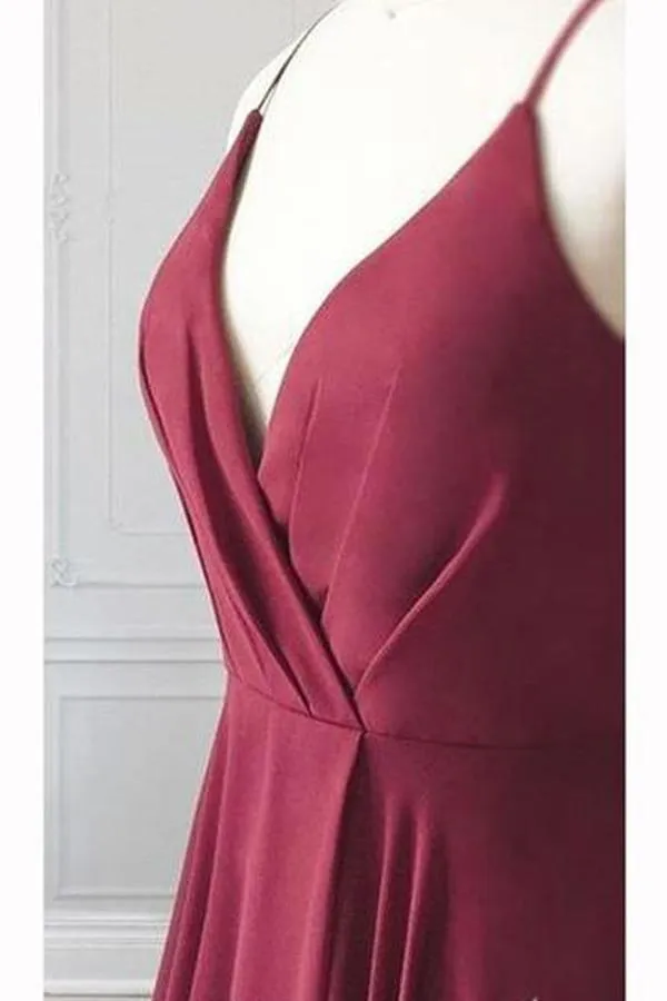 Burgundy V-neck Prom Dress Spaghetti Strap Long Evening Dresses TP0907