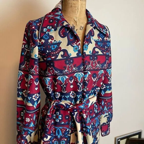 Butte Knit 1960s Long Sleeved Botton Front Belted Maxi Dress Paisley Print Boho