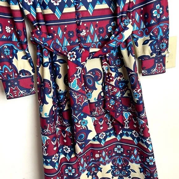 Butte Knit 1960s Long Sleeved Botton Front Belted Maxi Dress Paisley Print Boho