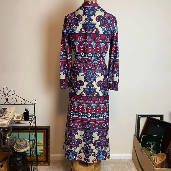 Butte Knit 1960s Long Sleeved Botton Front Belted Maxi Dress Paisley Print Boho