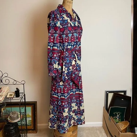 Butte Knit 1960s Long Sleeved Botton Front Belted Maxi Dress Paisley Print Boho