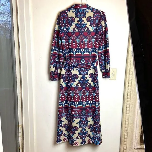 Butte Knit 1960s Long Sleeved Botton Front Belted Maxi Dress Paisley Print Boho