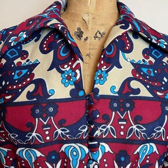 Butte Knit 1960s Long Sleeved Botton Front Belted Maxi Dress Paisley Print Boho