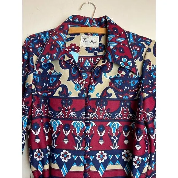 Butte Knit 1960s Long Sleeved Botton Front Belted Maxi Dress Paisley Print Boho