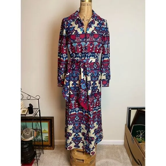Butte Knit 1960s Long Sleeved Botton Front Belted Maxi Dress Paisley Print Boho