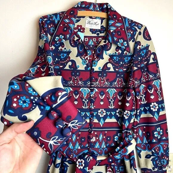 Butte Knit 1960s Long Sleeved Botton Front Belted Maxi Dress Paisley Print Boho