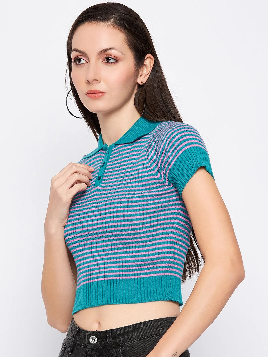 Camla Barcelona Teal Striped Collared Crop  Tshirt