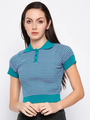 Camla Barcelona Teal Striped Collared Crop  Tshirt