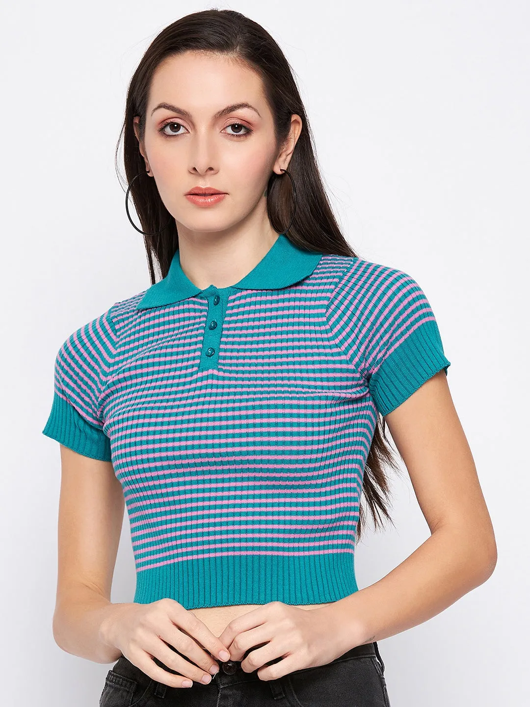 Camla Barcelona Teal Striped Collared Crop  Tshirt