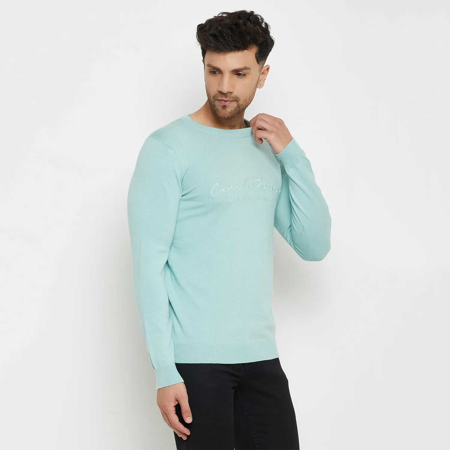 Camla Barcelona Typography Aqua Blue Sweater