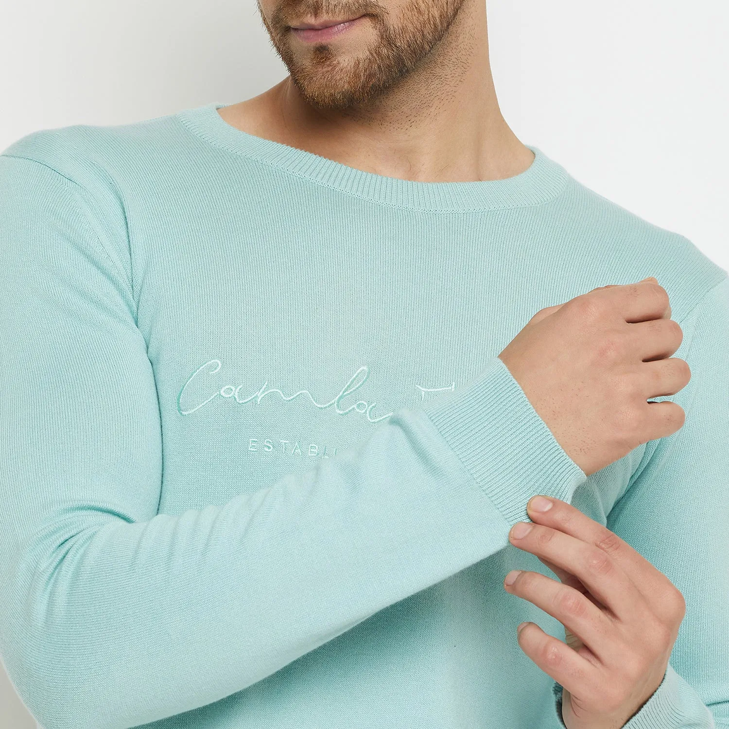 Camla Barcelona Typography Aqua Blue Sweater