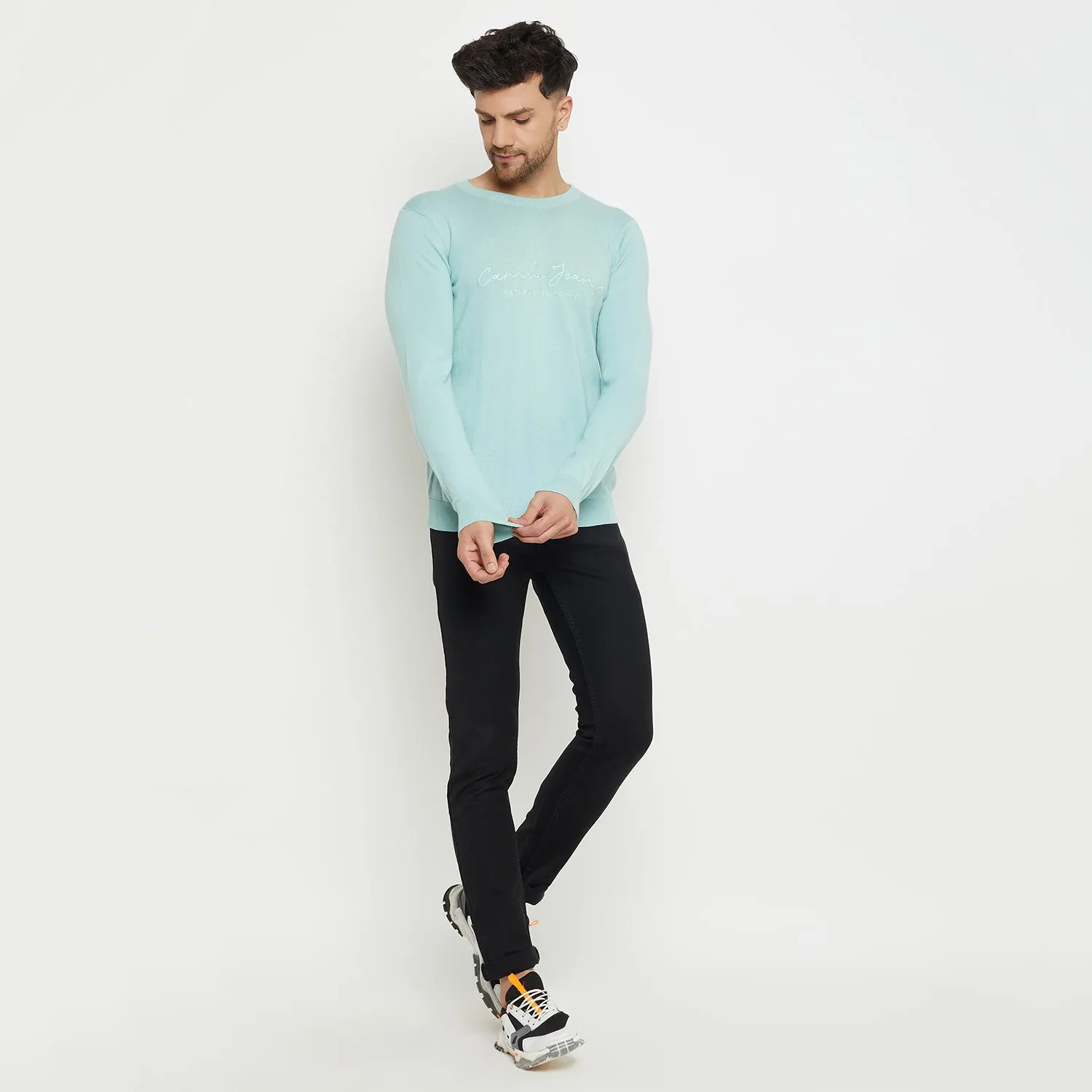Camla Barcelona Typography Aqua Blue Sweater