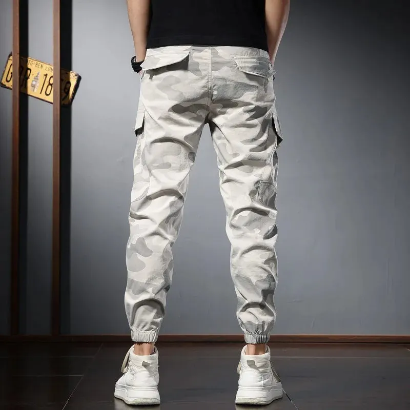 Camouflage Cargo Pants - Streetwear Gray Slim Fit Trousers with Casual Multi-Pockets and Drawstring Joggers