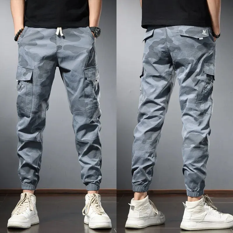 Camouflage Cargo Pants - Streetwear Gray Slim Fit Trousers with Casual Multi-Pockets and Drawstring Joggers
