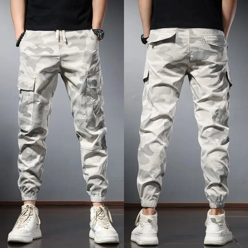 Camouflage Cargo Pants - Streetwear Gray Slim Fit Trousers with Casual Multi-Pockets and Drawstring Joggers