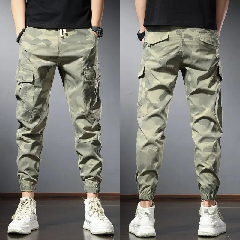 Camouflage Cargo Pants - Streetwear Gray Slim Fit Trousers with Casual Multi-Pockets and Drawstring Joggers