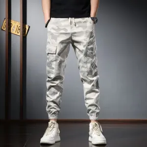 Camouflage Cargo Pants - Streetwear Gray Slim Fit Trousers with Casual Multi-Pockets and Drawstring Joggers