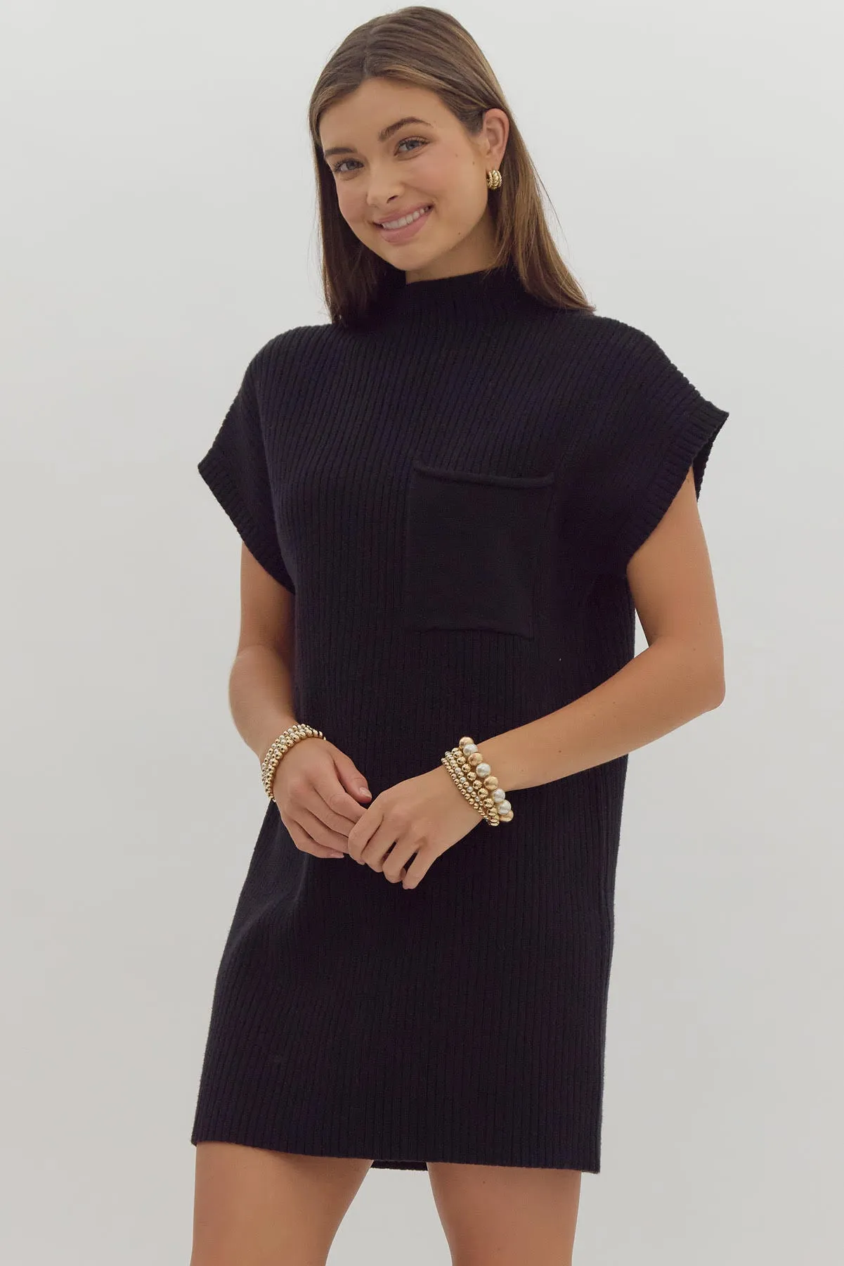 Cap Sleeve Mini Sweater Dress {Black}