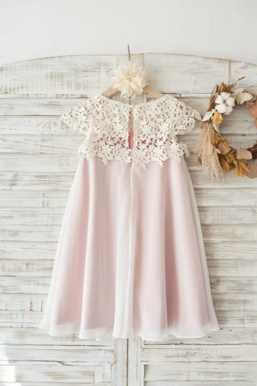 Cap Sleeves Ivory Lace Chiffon Pink Lining Wedding Flower Girl Dress
