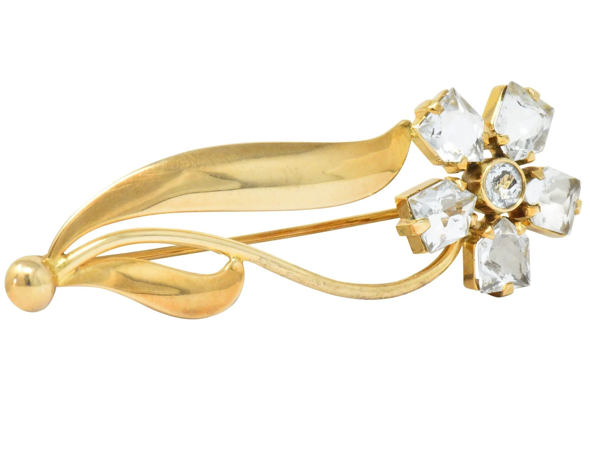 Cartier 1940's Retro Fancy Cut Aquamarine 14 Karat Gold Flower Brooch