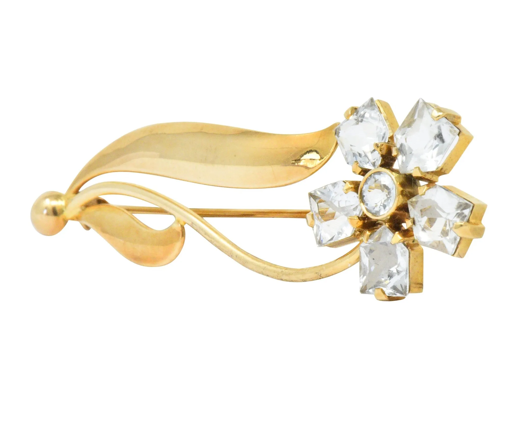 Cartier 1940's Retro Fancy Cut Aquamarine 14 Karat Gold Flower Brooch