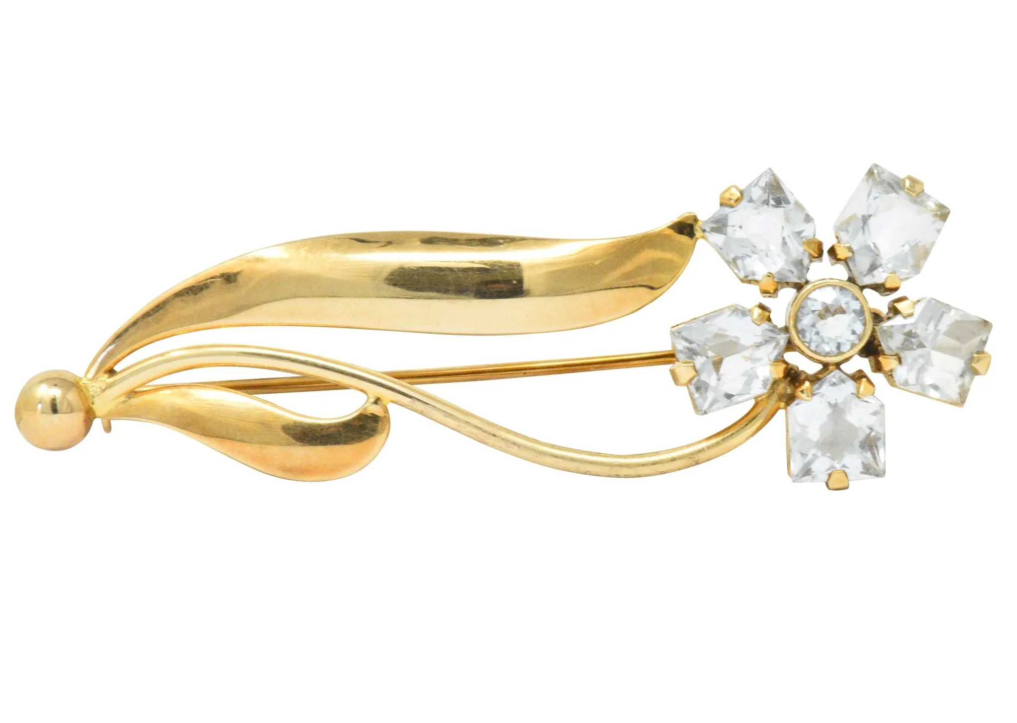 Cartier 1940's Retro Fancy Cut Aquamarine 14 Karat Gold Flower Brooch