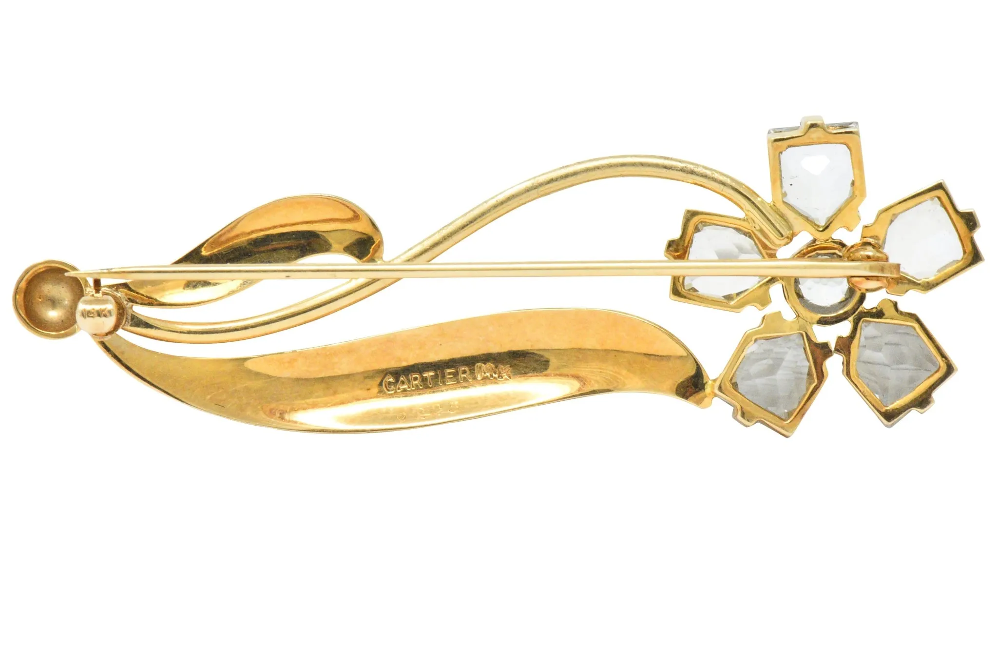 Cartier 1940's Retro Fancy Cut Aquamarine 14 Karat Gold Flower Brooch