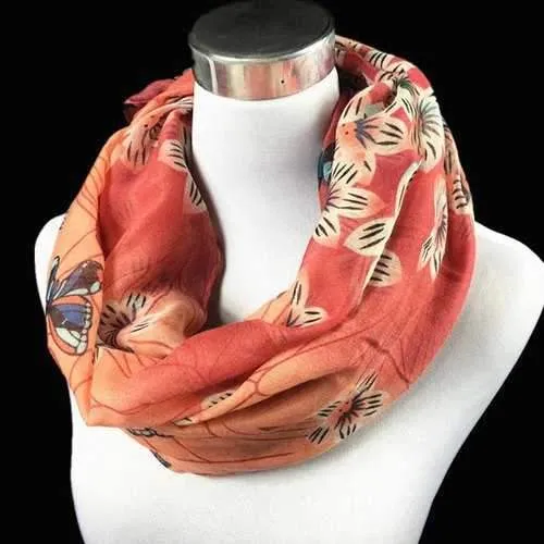 Casual Handpainted Butterfly Flower Pattern Voile Neck Scarf - Red