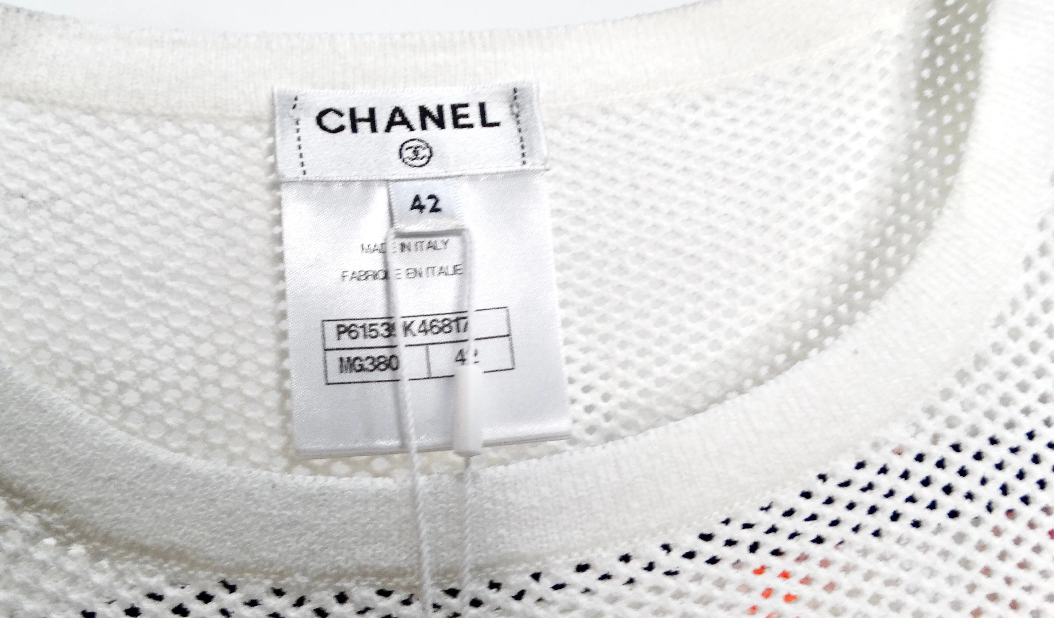 Chanel 2019 White Mesh Embroidered Colorful Interlocking CC Logo T-Shirt