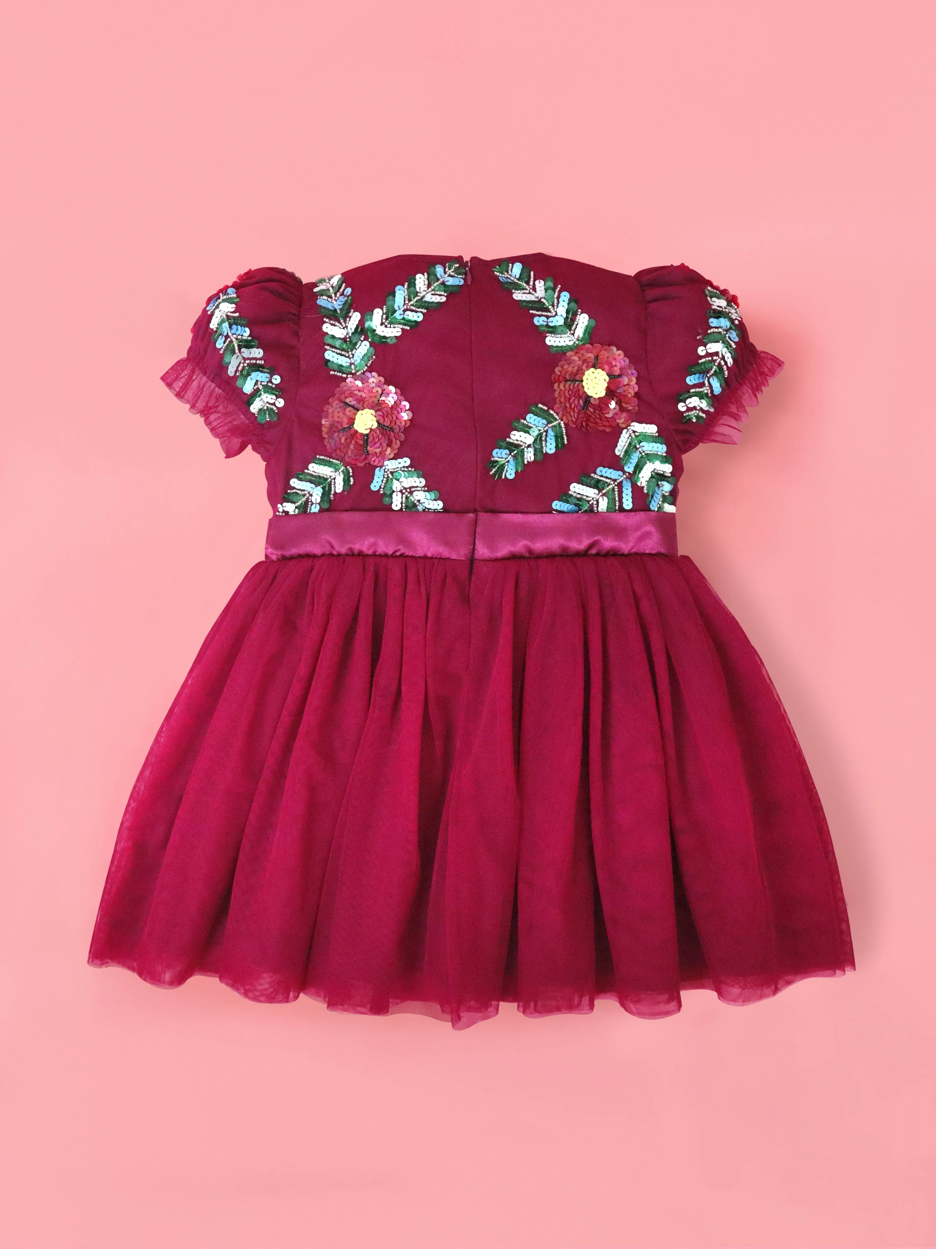 Cherry Crumble Magenta Solid 100% Polyester Half Sleeves Round Neck Party Wear Fit & Flare Sequin and Beads Summer Dress For Girls