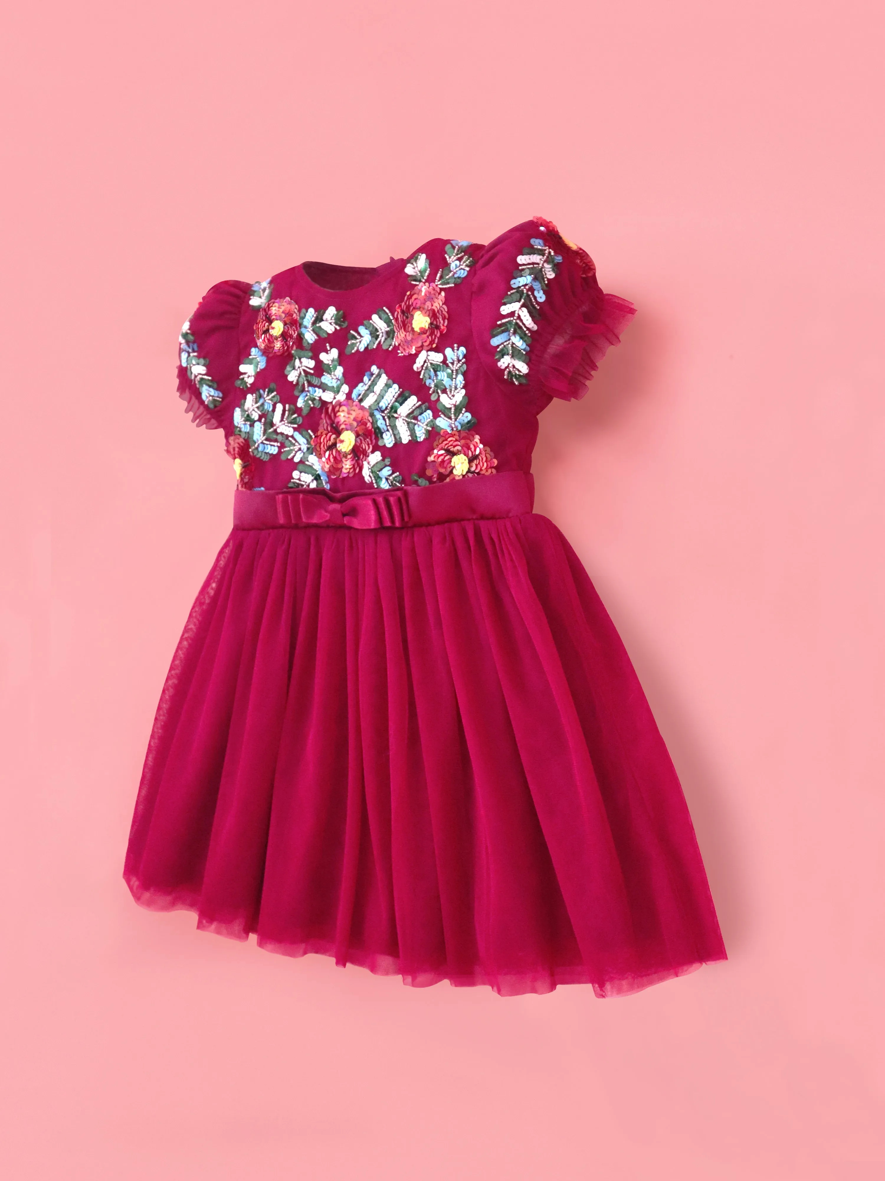 Cherry Crumble Magenta Solid 100% Polyester Half Sleeves Round Neck Party Wear Fit & Flare Sequin and Beads Summer Dress For Girls