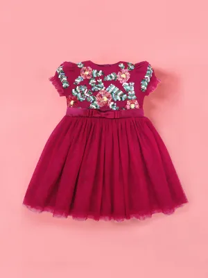 Cherry Crumble Magenta Solid 100% Polyester Half Sleeves Round Neck Party Wear Fit & Flare Sequin and Beads Summer Dress For Girls