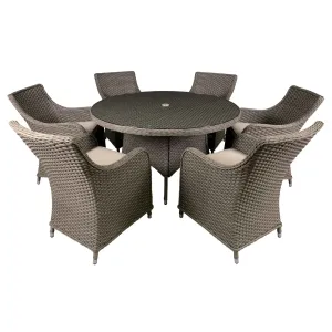 Chester 7 Piece Rattan Wicker Outdoor Dining Set with Tempered Glass Table Top, Brown - DG85
