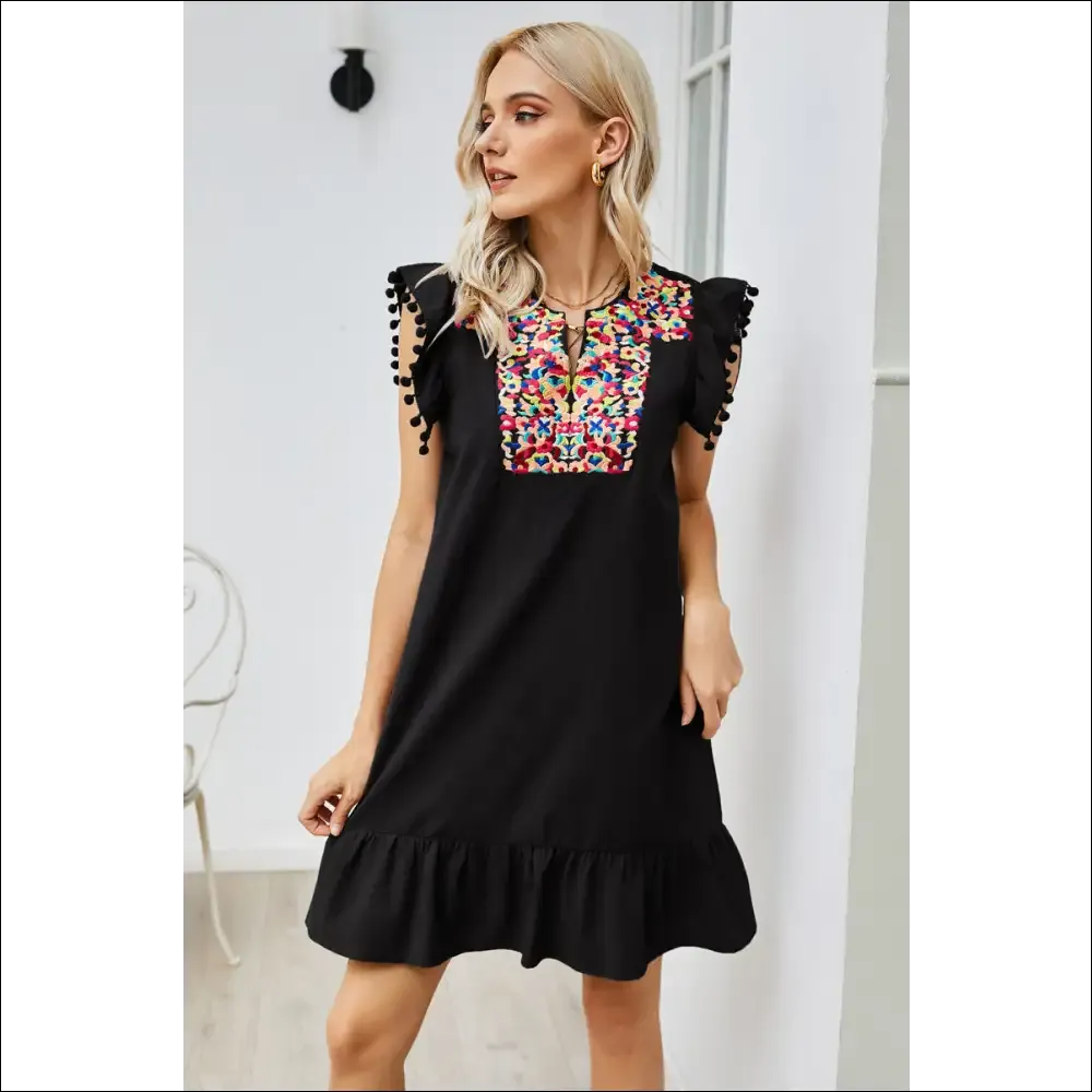 Chic Graphic Embroidered Ruffle Hem Dress