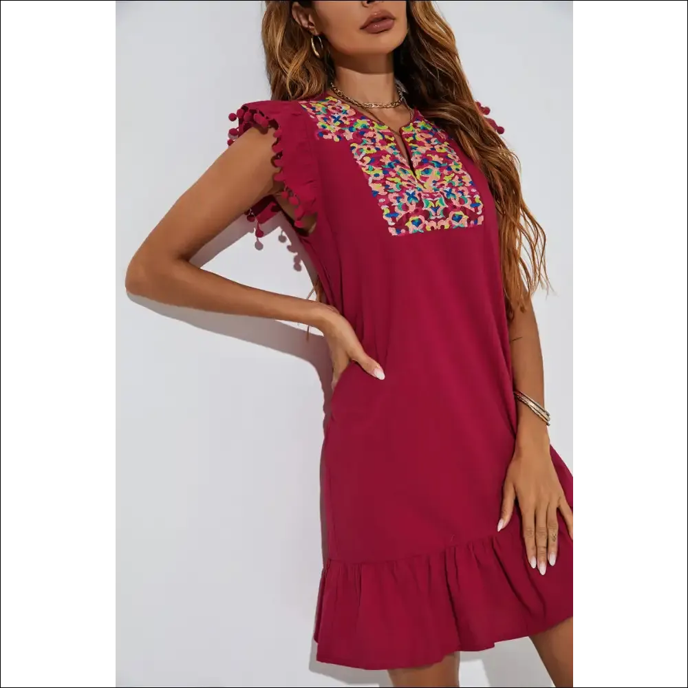 Chic Graphic Embroidered Ruffle Hem Dress