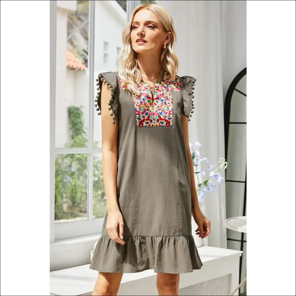 Chic Graphic Embroidered Ruffle Hem Dress