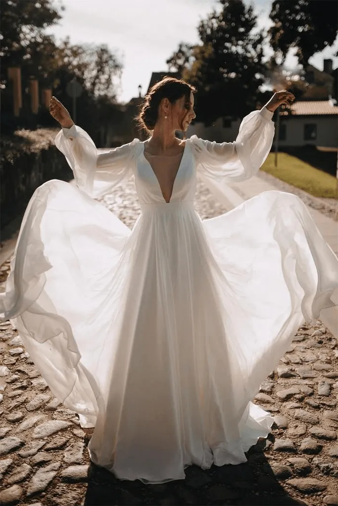 Chiffon V Back Wedding Gown Long Puffy Sleeves Beach Wedding Dress TN306