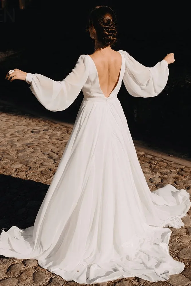 Chiffon V Back Wedding Gown Long Puffy Sleeves Beach Wedding Dress TN306