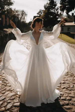Chiffon V Back Wedding Gown Long Puffy Sleeves Beach Wedding Dress TN306