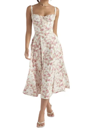 Chouyatou Women Spaghetti Strap Midi Dress Corset Sleeveless Square Neck Dress Floral Split Cottagecore Dress