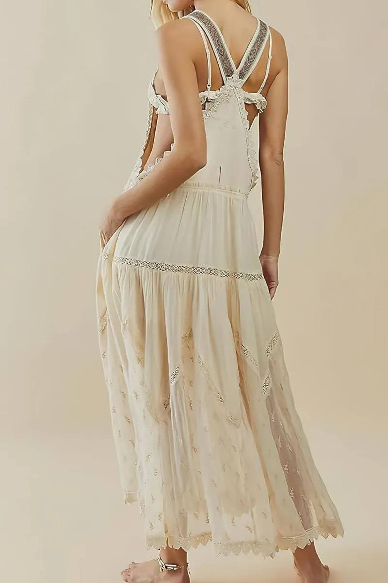 Chouyatou Women's Laced Embroidered Tulle Bib Dress Casual Loose Adjustable Straps Maxi Dress