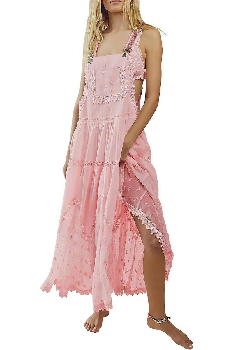 Chouyatou Women's Laced Embroidered Tulle Bib Dress Casual Loose Adjustable Straps Maxi Dress