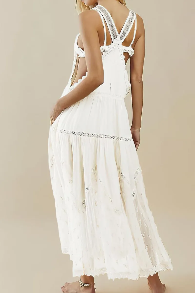 Chouyatou Women's Laced Embroidered Tulle Bib Dress Casual Loose Adjustable Straps Maxi Dress